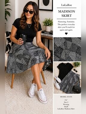 NWT LuLaRoe Madison Skirt S Black White Geometric Print Box Pleat A-Line Pockets